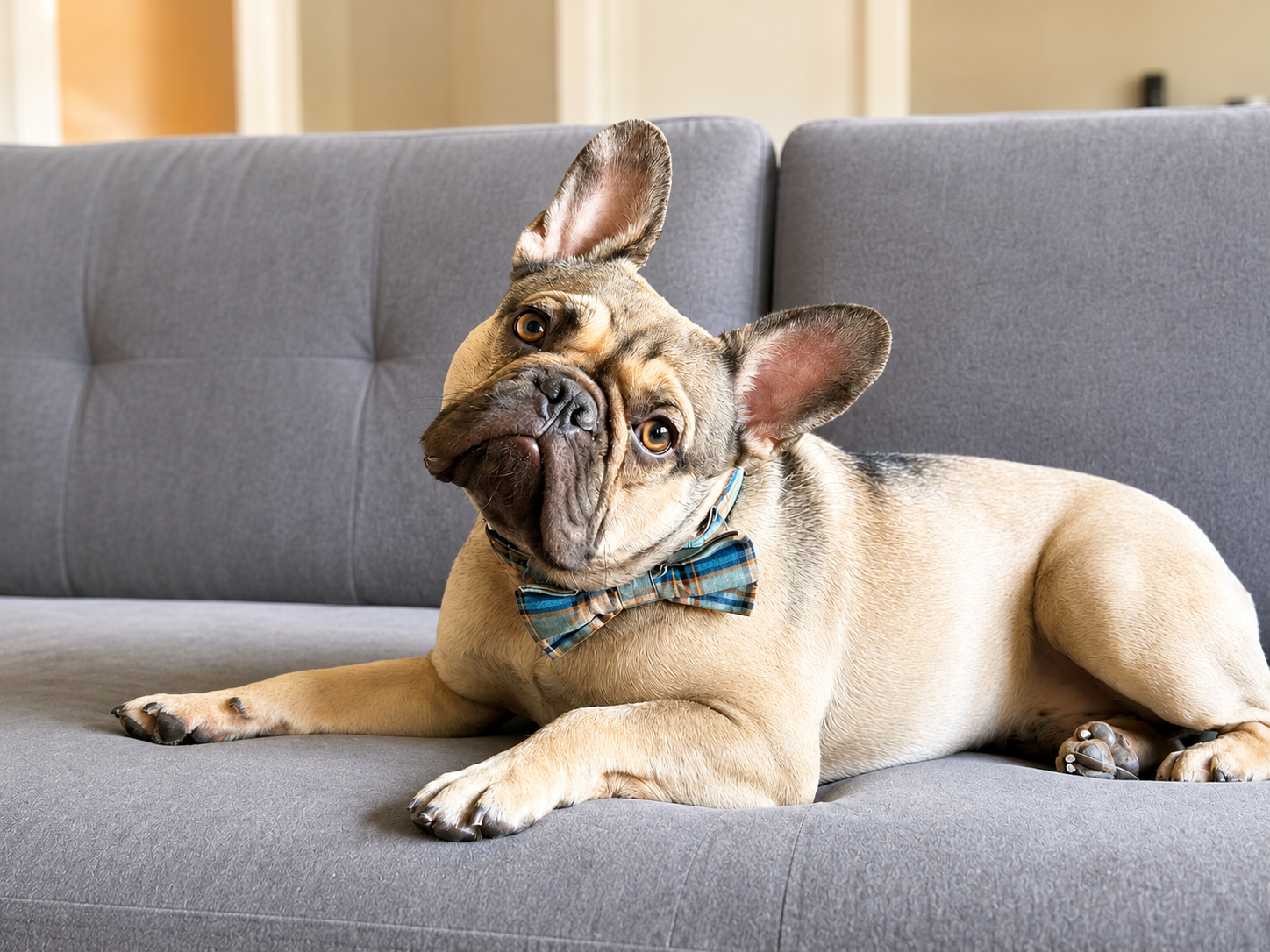 French bulldog wearing a bow tie relaxing on a gray couch