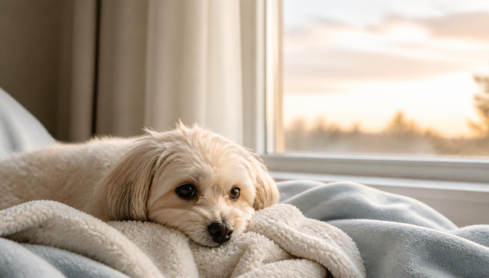 Small cream-coloured dog resting on a soft blanket by a window at sunset