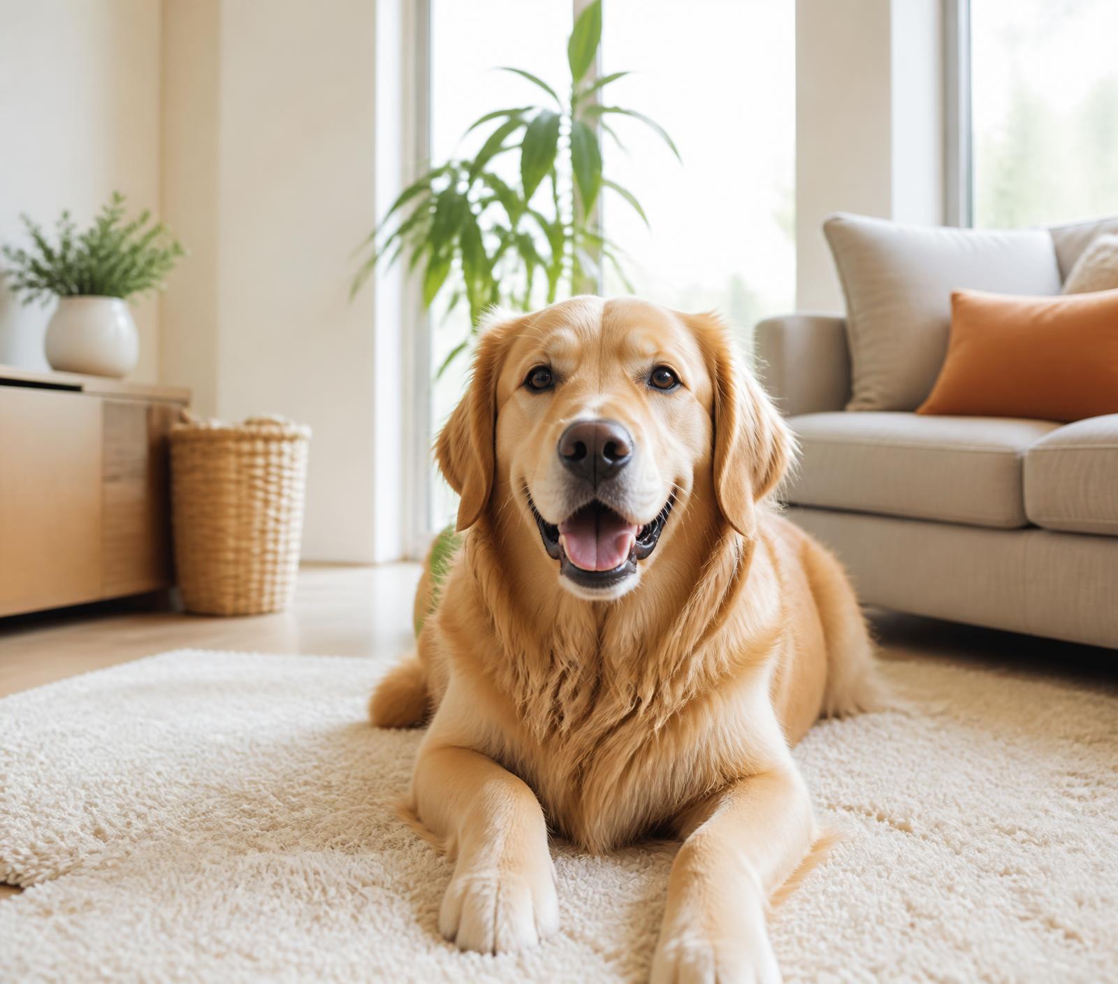 Golden retriever relaxing on a soft rug in a bright, sunlit home